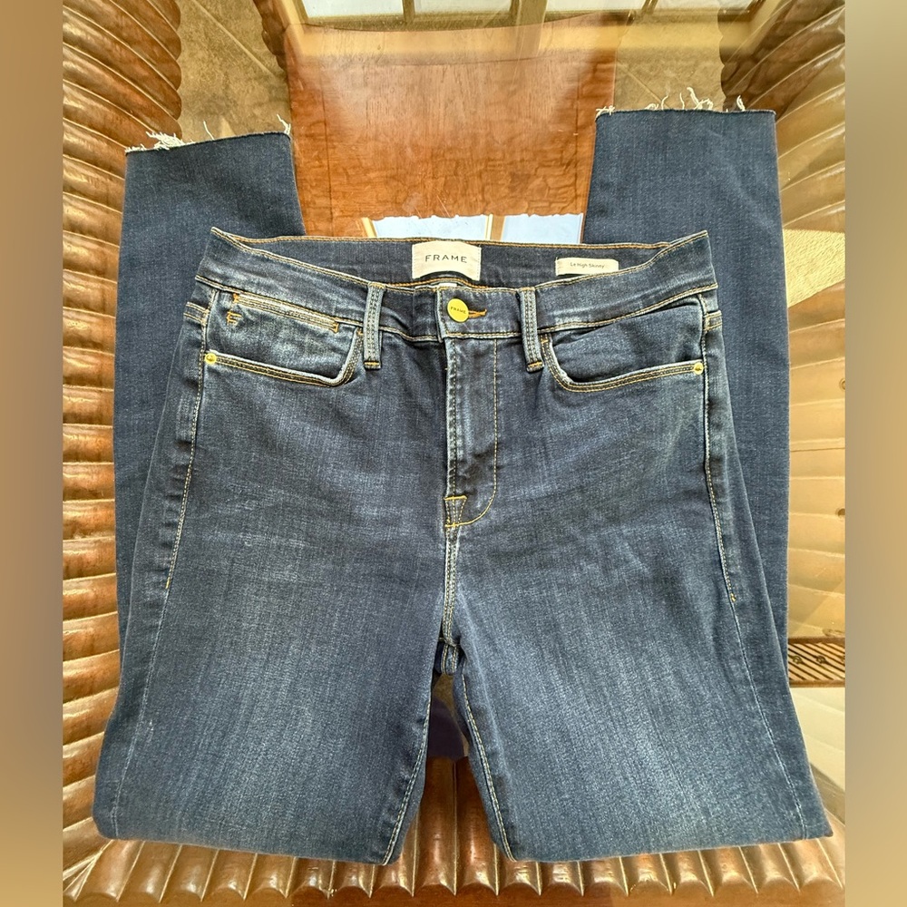 FRAME Le High Skinny Jeans Women’s Dark Wash Raw Hem Frayed Ankle Stretch Denim